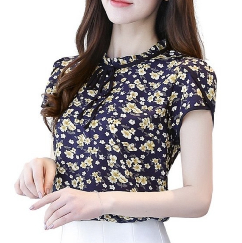 KEBUNUO Navy Blue Asian Style Short Sleeve Top XL/ M